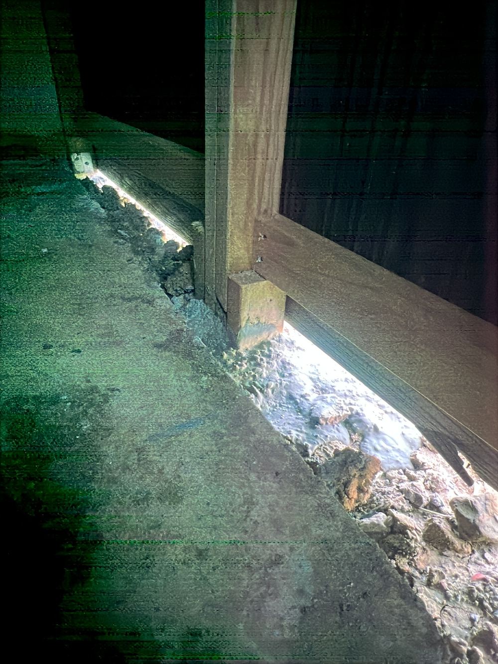 Timber cladding embedded in concrete, found during a handover inspection in Cobbitty